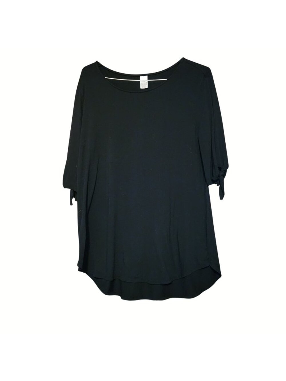 Black Tunic Blouse 3/4" Tie Sleeves Round Neckline
